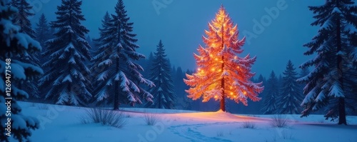 A single towering illuminated tree in a snowy clearing, grand, tall