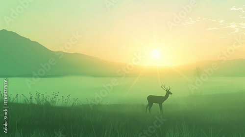 Misty morning in a lush green valley with deer grazing peacefully. Rolling hills covered in dense fog create a dreamy and serene atmosphere of untouched wilderness.