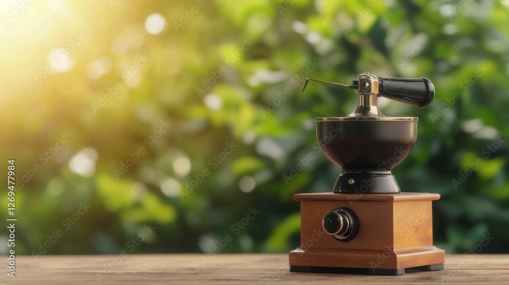 Coffee Agriculture Concept, Rustic Traditional Coffee Grinder on a Wooden Table with Soft Sunlight and Green Background Coffee Agriculture Concept, Rustic Traditional Coffee Grinder on a Wooden Table with Soft Sunlight and Green Background