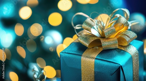 Gift box wrapped in teal paper with golden ribbon on a festive background illuminated by sparkling lights during New Year's celebration