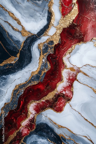 Abstract Fluid Art Crimson White Navy Flowing Gold Veins Modern Creative Ink Painting Texture