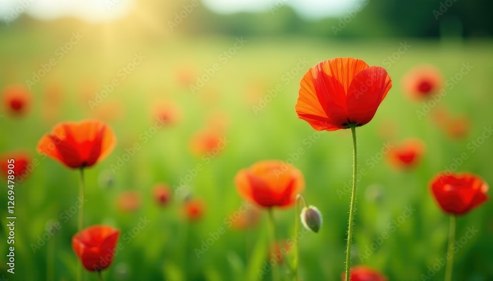 Delicate poppy flowers in a field of green grass, blossom, wildflowers, poppies Delicate poppy flowers in a field of green grass, blossom, wildflowers, poppies