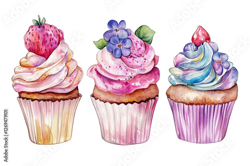 A set of cupcake watercolor paintings