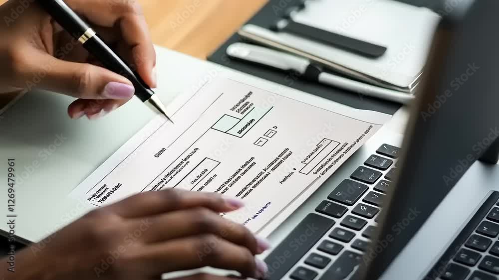 Close-up of hands filling out a form with a pen near a laptop.