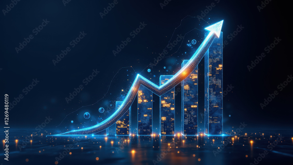 Obraz premium Financial growth symbolized by a large graph with illuminated elements and upward trend lines, set against a cityscape background.