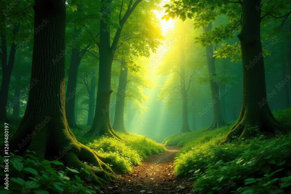 Obraz premium Dense forest with sunlight filtering through trees, foliage, branches