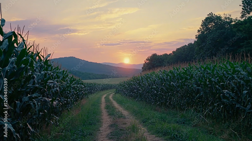 Golden Sunset Over a Tranquil Cornfield Path Golden Sunset Over a Tranquil Cornfield Path