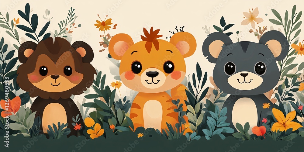 Naklejka premium adorable cartoon bears and tiger surrounded by flowers and foliage