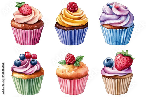 A set of cupcake watercolor paintings