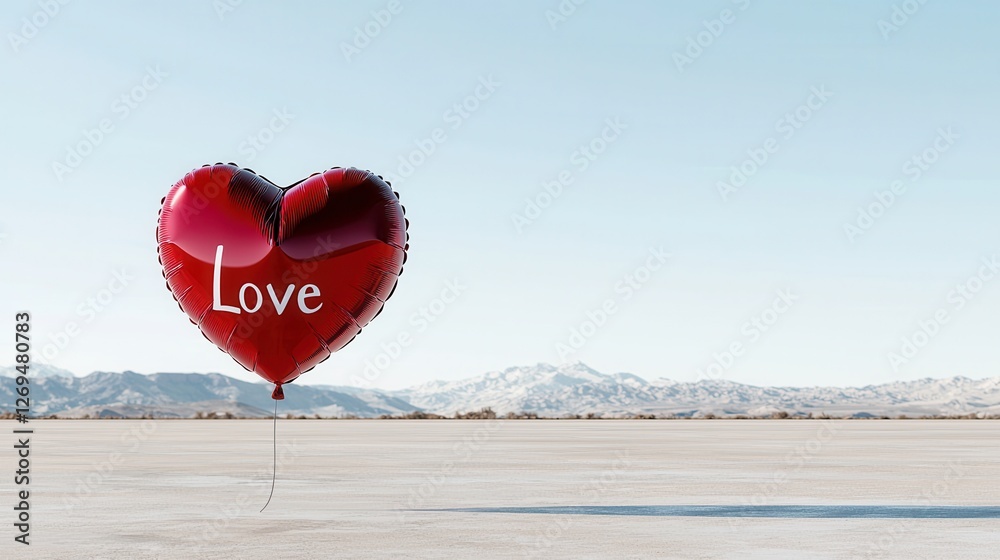 Fototapeta premium Heart-shaped balloon with the word love against a clear blue sky and scenic mountains in the background