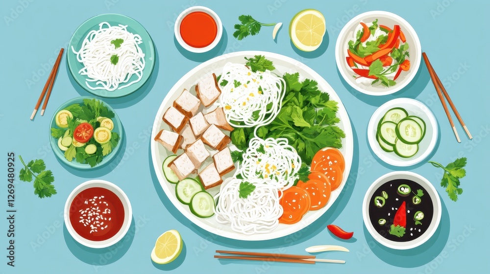A top-down view of a traditional Vietnamese meal, featuring grilled pork vermicelli fresh herbs, dipping sauce, and pickled vegetables. A top-down view of a traditional Vietnamese meal, featuring grilled pork vermicelli fresh herbs, dipping sauce, and pickled vegetables.
