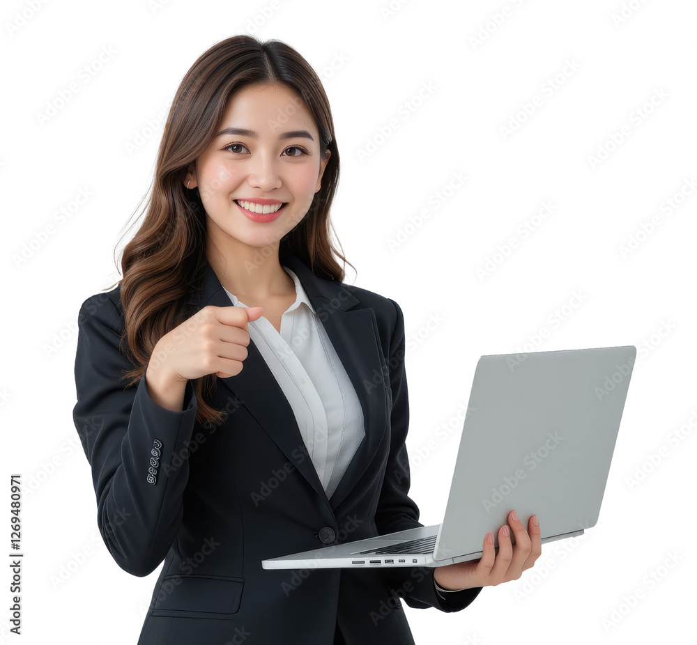 businesswoman with a laptop and pointing at copy space on transparent PNG background. businesswoman with a laptop and pointing at copy space on transparent PNG background.