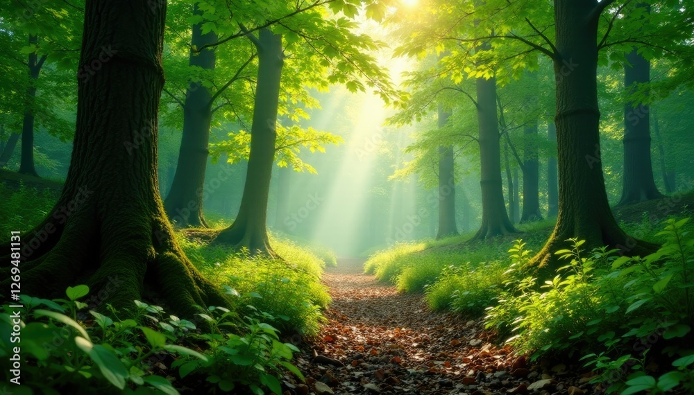 Naklejka premium Forest floor with sunlight filtered through leafy canopy, dappled light, natural ambiance, natural wonder