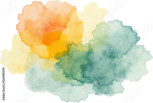 An abstract watercolor splash with a blend of warm and cool tones, featuring overlapping shades of yellow, orange, green, and teal. 