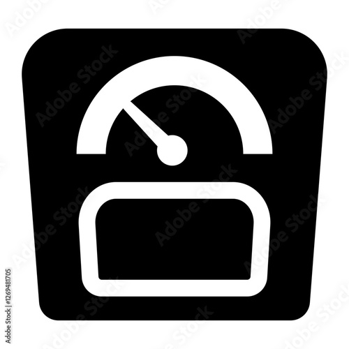 A black and white icon of a weighing scale with a dial symbolizing weight measurement health fitness or body weight concerns.