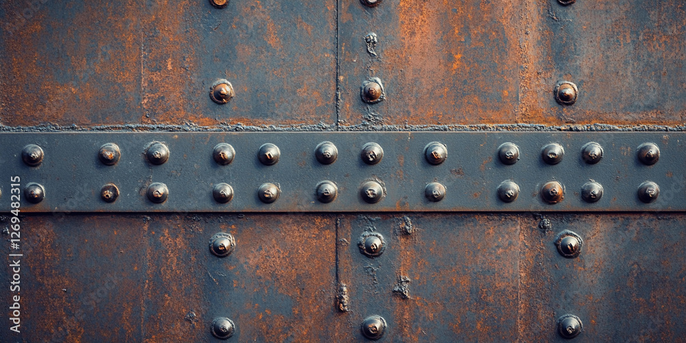 Fototapeta premium Detailed view of a weathered metal door with rivets