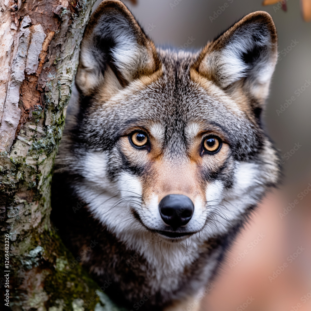 Fototapeta premium Curious wolf peeking from behind a tree in the autumn forest