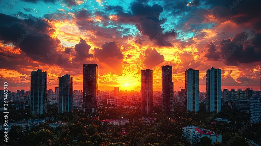 Fototapeta premium Vibrant Sunset Over Cityscape Towers and Trees