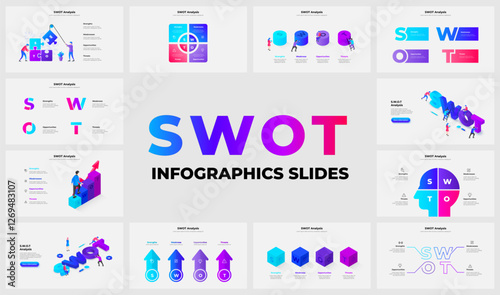 Collection of SWOT analysis infographic templates ideal for business presentations and strategic planning