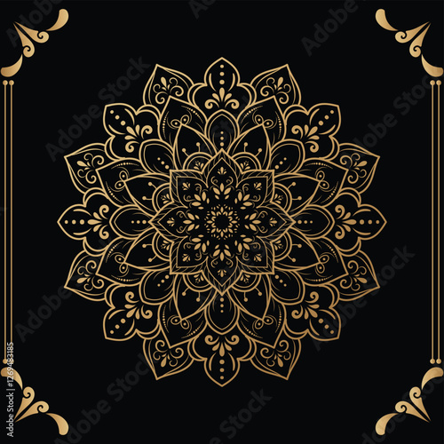 Luxury mandala design black background in gold color