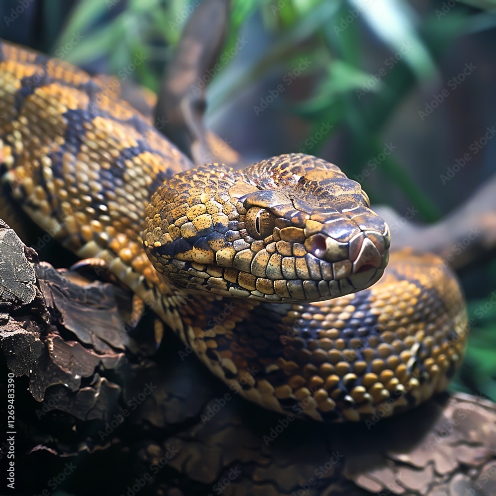 Obraz premium Brown Scaled Serpent Perched on Branch Close Up Reptilian Predator Nature Wildlife Scene