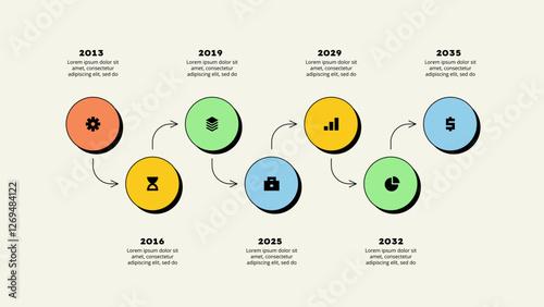 Seven horizontal circle elements. Concept of 7 options of business development process. Timeline vector illustration. Neobrutalism infographic template