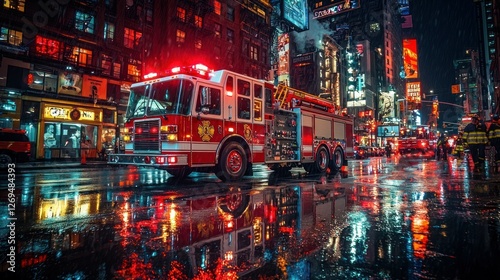 Firetruck in city at night, rain reflecting lights, emergency response