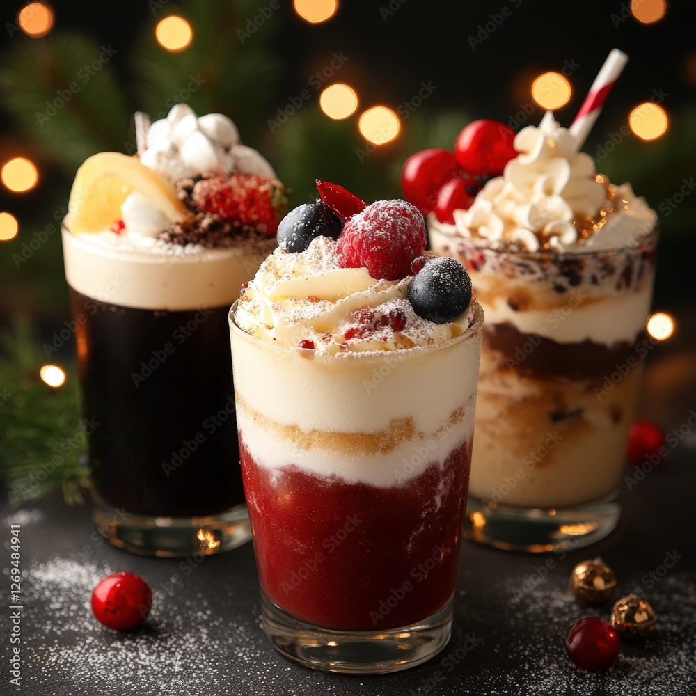 Delicious festive drinks are displayed in stylish glasses, topped with whipped cream and fresh fruit, creating a warm and inviting atmosphere perfect for holiday menus, party invitations