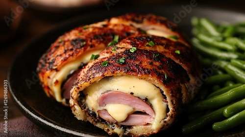A gourmet version of Chicken Cordon Bleu, stuffed with aged Swiss cheese and premium smoked ham, served with a side of buttered green beans 