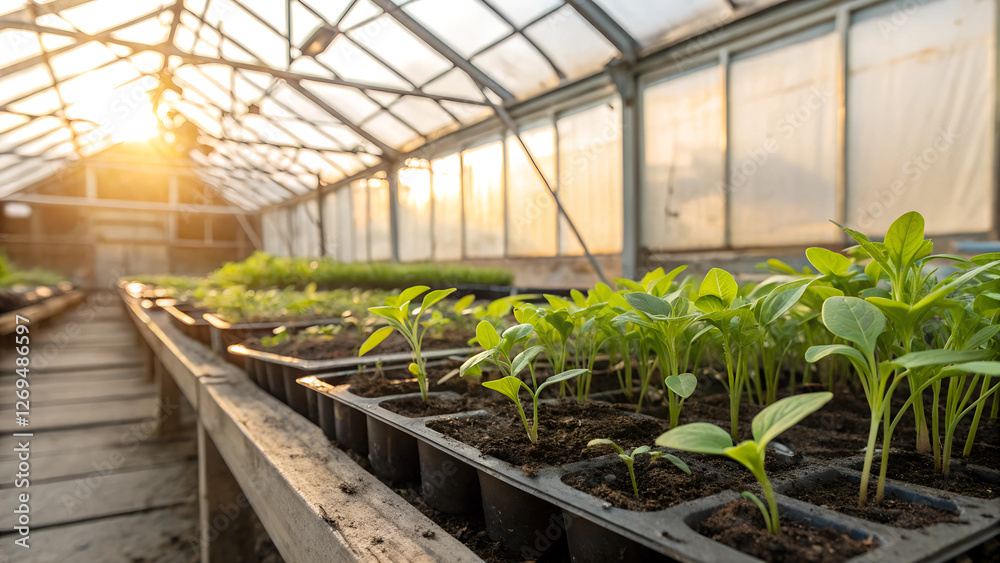 Seedlings growing in a greenhouse under warm sunlight Seedlings growing in a greenhouse under warm sunlight