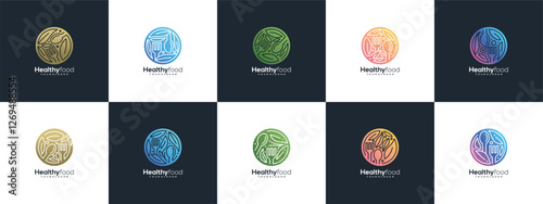 collection of Healthy food logo design vector concept. Healthy food logo icon with leaf.