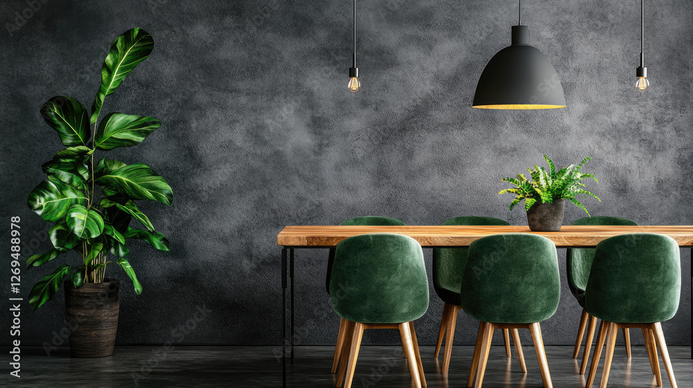 Stylish dining room setup with green chairs and plant modern home interior design contemporary environment wide-angle view aesthetic appeal Stylish dining room setup with green chairs and plant modern home interior design contemporary environment wide-angle view aesthetic appeal