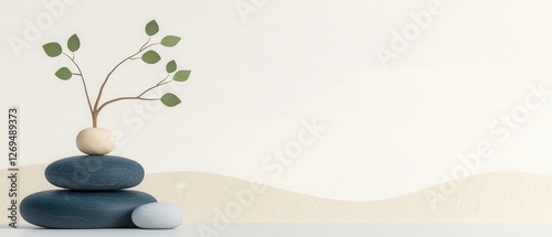 Zen garden stones with green leaves tranquil space minimalist design nature aesthetic view photo