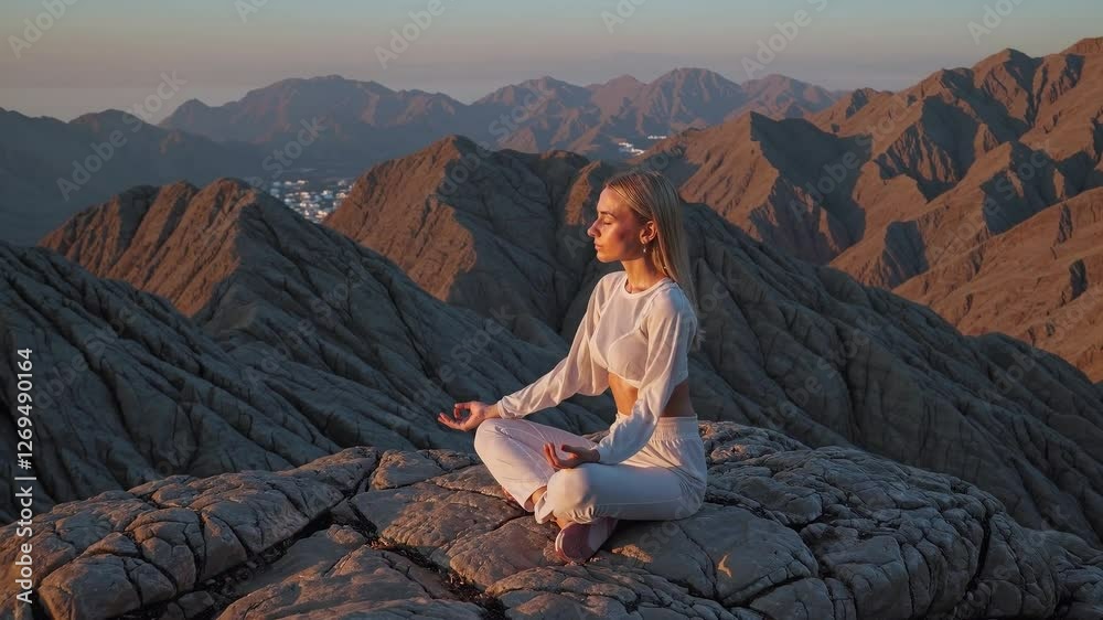 Overhead shot of a young woman meditating doing yoga on the top o a mountain at sunrise or sunset. Overhead shot of a young woman meditating doing yoga on the top o a mountain at sunrise or sunset.
