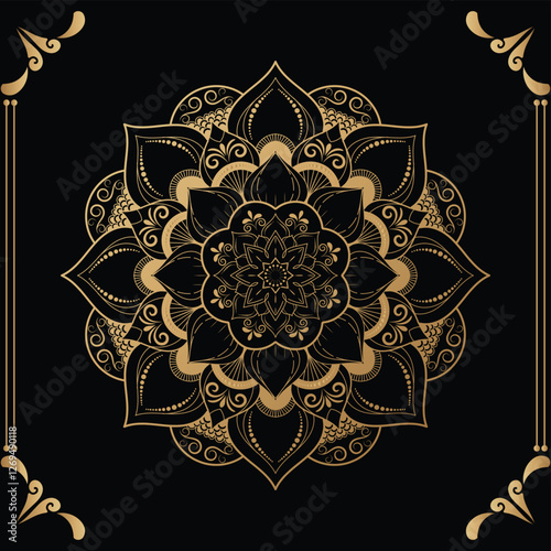 Luxury mandala design black background in gold color
