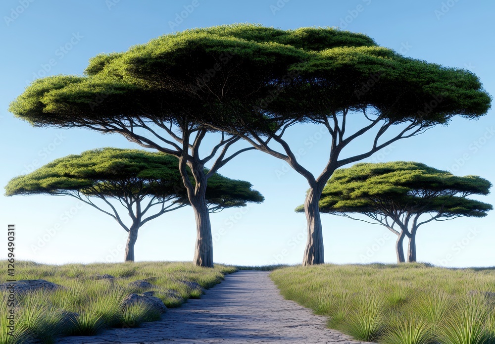 Three large umbrella shaped trees stand on a grassy hill, a light brown path leads towards them under a clear blue sky. The scene is peaceful and Three large umbrella shaped trees stand on a grassy hill, a light brown path leads towards them under a clear blue sky. The scene is peaceful and