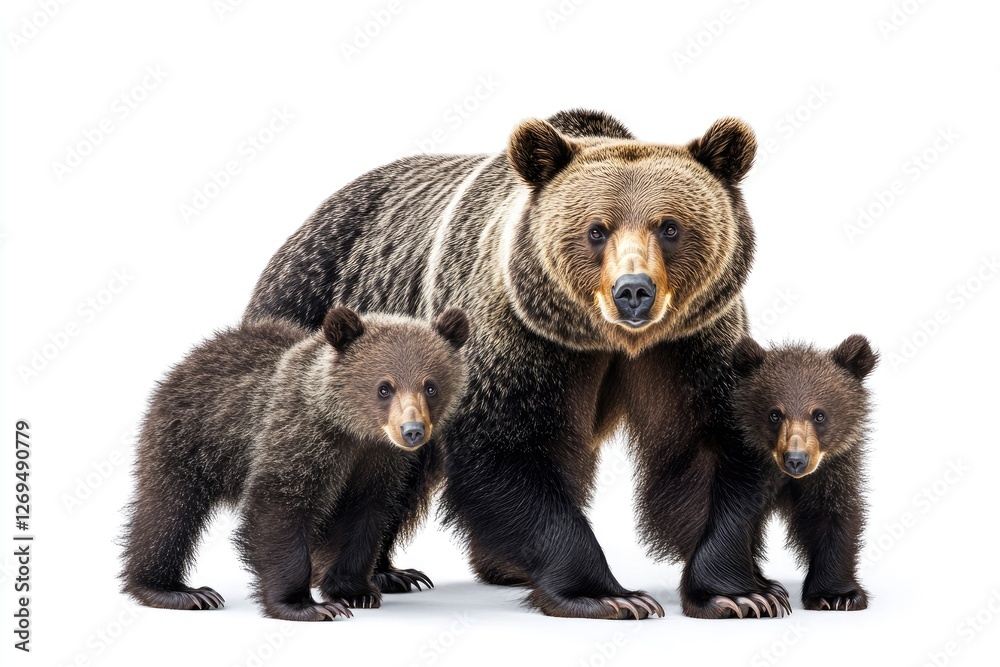 Fototapeta premium Brown Bear Mother With Two Cubs Standing