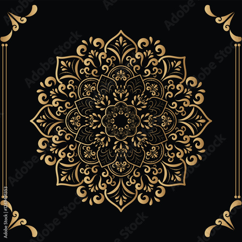 Luxury mandala design black background in gold color