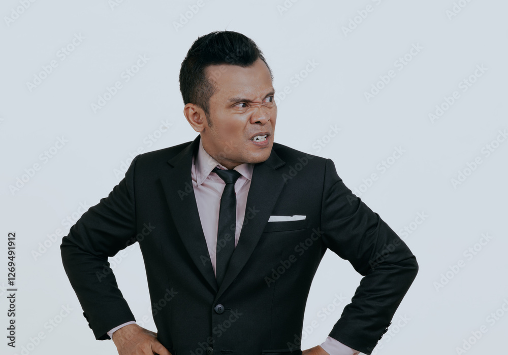 Angry and crazy asian boss manager businessman looking away with both hands on her waist, isolated over white background. Angry and crazy asian boss manager businessman looking away with both hands on her waist, isolated over white background.