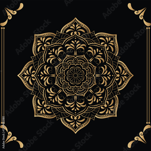 Luxury mandala design black background in gold color