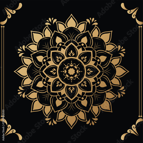 Luxury mandala design black background in gold color