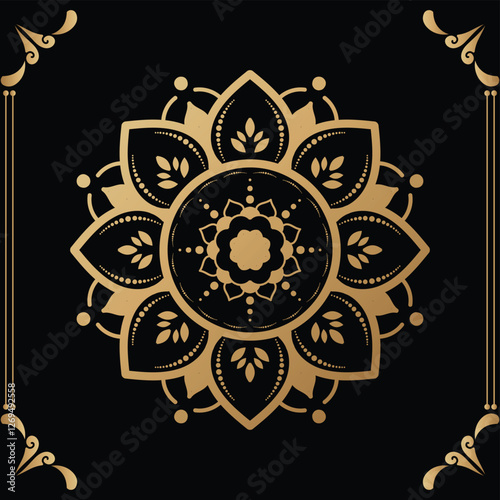 Luxury mandala design black background in gold color