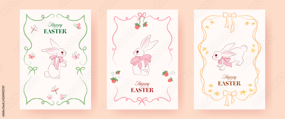 Set of Easter greeting cards featuring cute bunnies with pink bows. Hand drawn ribbon frames and spring flowers, trendy elegant typography. Stylish template in coquette style for card, poster, banner. Set of Easter greeting cards featuring cute bunnies with pink bows. Hand drawn ribbon frames and spring flowers, trendy elegant typography. Stylish template in coquette style for card, poster, banner.