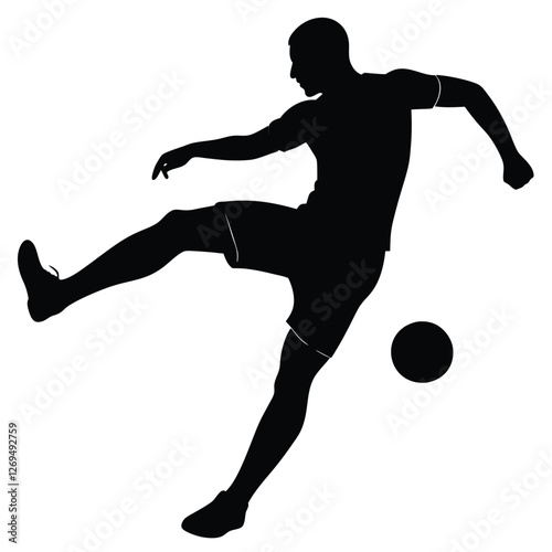 A black silhouette of a football striker preparing to take a powerful shot. 