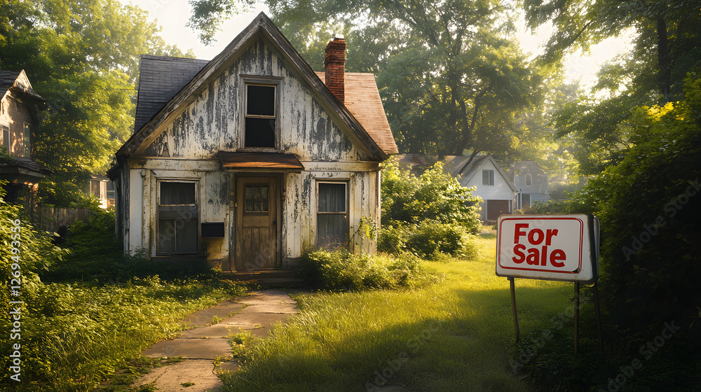 An old wooden house with cracked paint and broken windows, set in a lush green landscape with a prominent 'For Sale' sign An old wooden house with cracked paint and broken windows, set in a lush green landscape with a prominent 'For Sale' sign