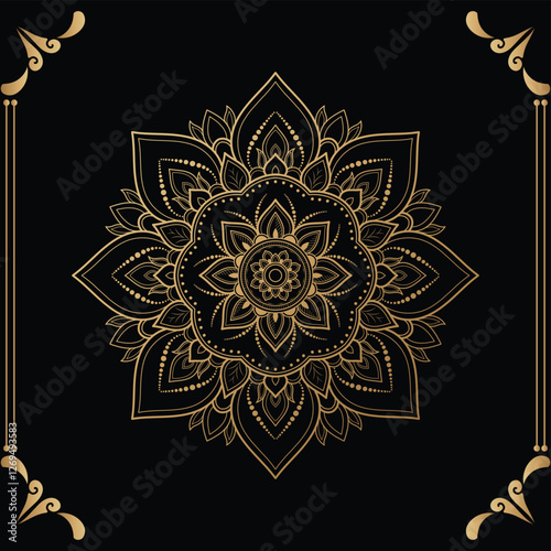 Luxury mandala design black background in gold color