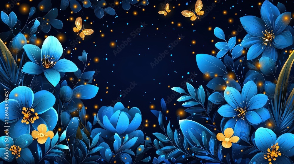 Fototapeta premium Soft Blue Flowers and Glowing Fireflies Against a Night Sky Background
