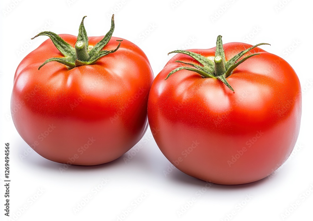 Two ripe red tomatoes on a white background. The tomatoes are round and glossy, with green caps. Studio lighting enhances their color and texture Two ripe red tomatoes on a white background. The tomatoes are round and glossy, with green caps. Studio lighting enhances their color and texture