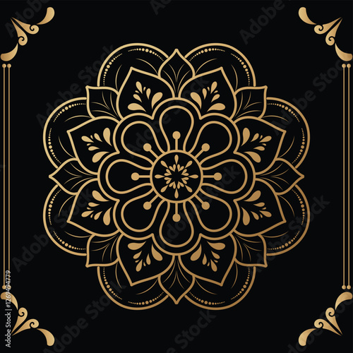 Luxury mandala design black background in gold color