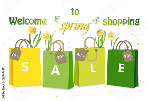 Spring  shopping sale invitation template with green-yellow shopping bags with daffodils word 'sale' and labels with discaunt om white background. Spring sale invitation poster. Free copy space.